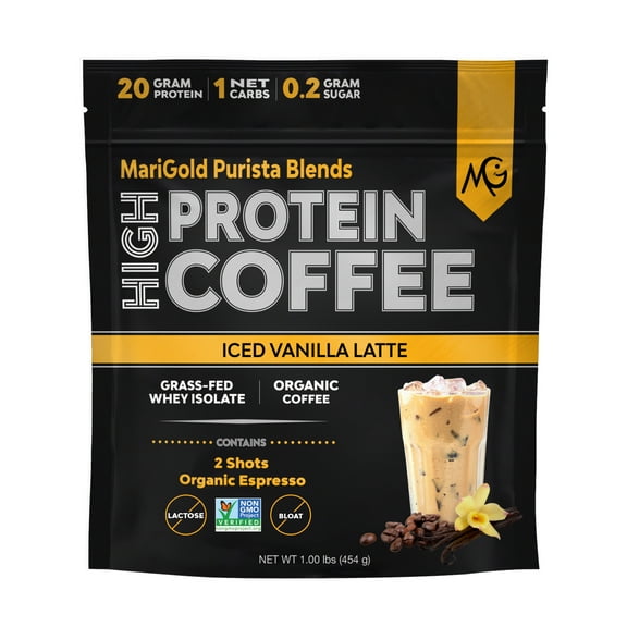 MariGold High Protein Coffee Powder - Iced Vanilla Latte, Grass Fed Whey Protein Isolate, Workout Boost, Organic Espresso