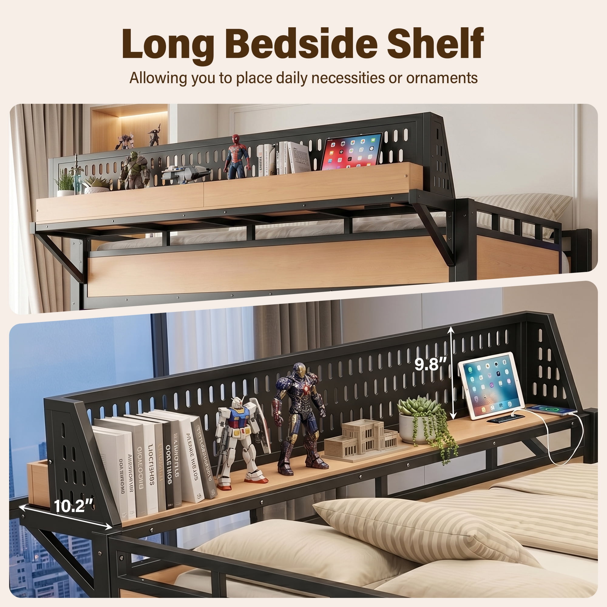 Aukfa Full Size Metal Loft Bed with USB Charging Ports & LED Lights, Heavy Duty Loft Bed with Guardrails for Kids, Adults & Small Bedroom, Natural
