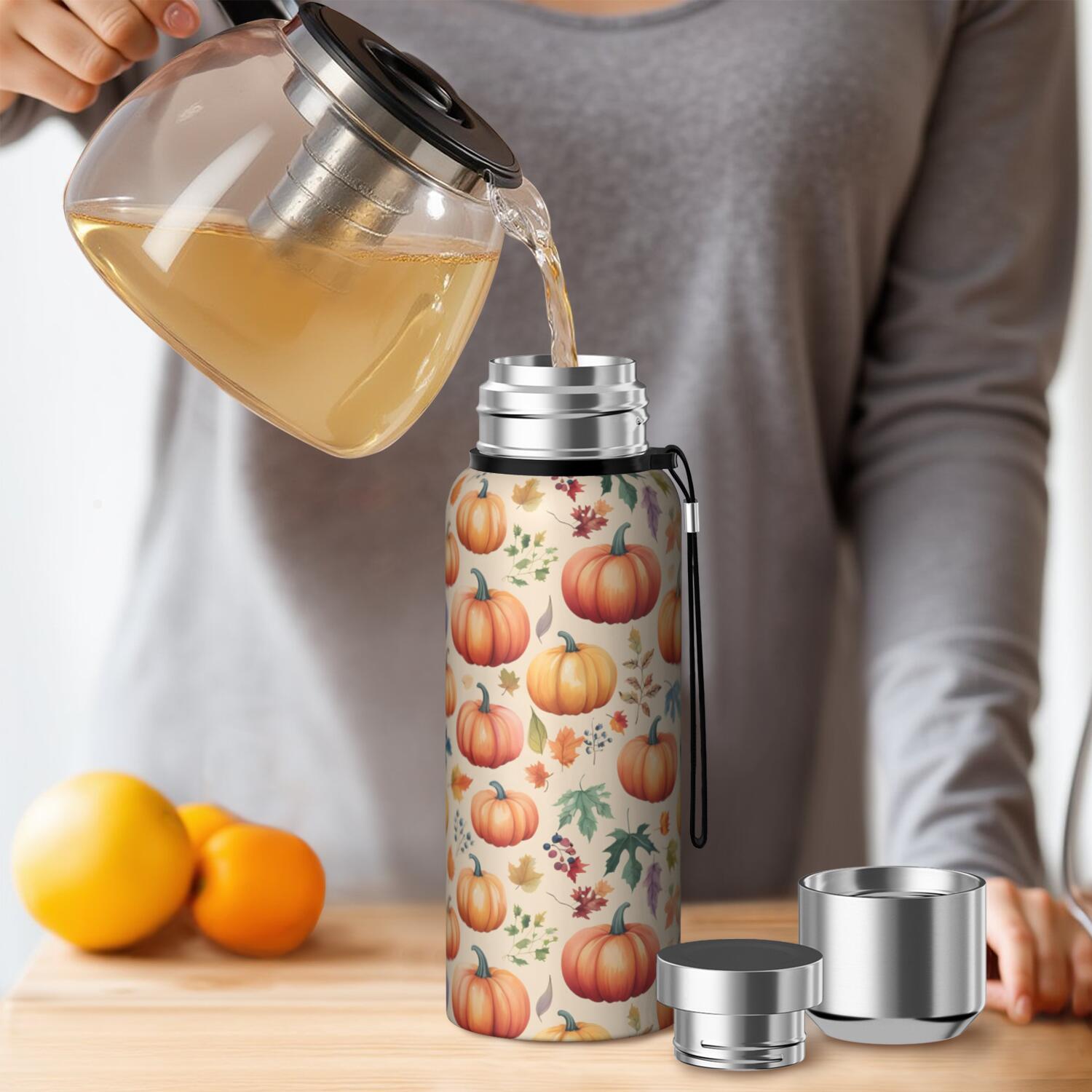 20 Oz Fall Pumpkins and Leaves Pattern Coffee Tumbler Double Wall Insulated Stainless Steel Water Bottle | Metal Reusable Thermoses Flask with Cup Cap | Leak & Sweat Proof with Anti-Dust Lid