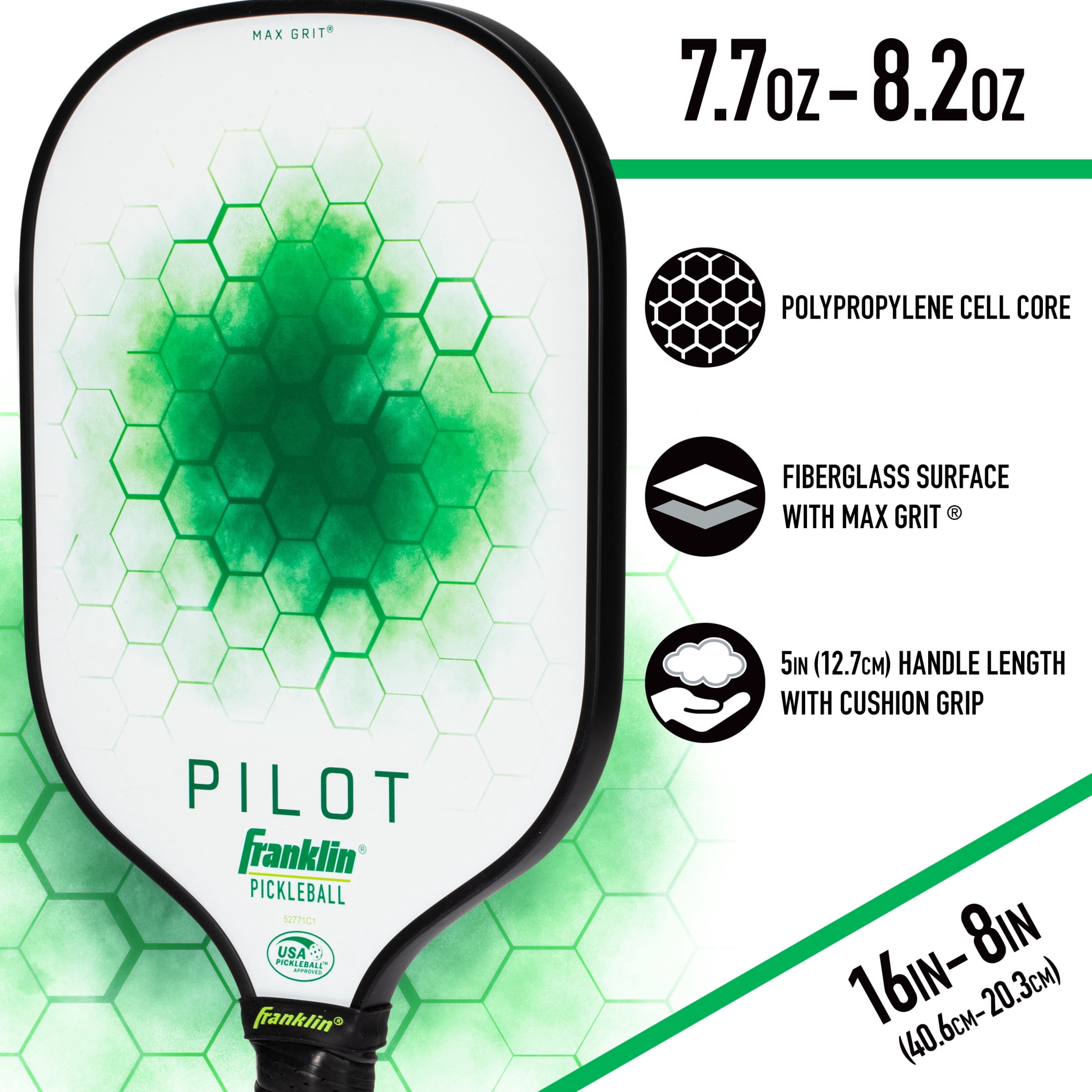 Franklin Sports Pickleball Paddle - Pilot Polypropylene Core Pickleball Racket - Official USA Pickleball (USAPA) Approved Pickleball Paddle - Lightweight Pro Racket - Green - 10mm Thick Core