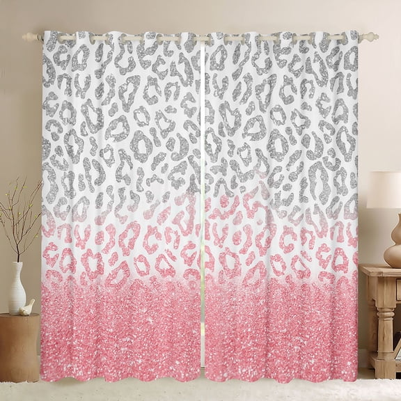 Homewish Boys Girls Leopard Print Black Out Curtains,Bling Glitter Curtains Pack of 2 (42x63 Each),Gradient Pink Grey Bedroom Curtains,Microfiber Bedroom Decor