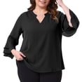 thumbnail image 2 of DARING DIVA Women's Plus 3/4 Bell Sleeve Notch Chiffon Tunic Shirts 1X Black, 2 of 6
