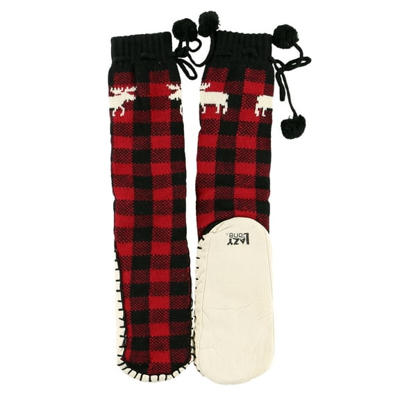 LazyOne Knitted Slipper Socks for Women, Cute Women's Clothing (Moose Plaid, S/M)