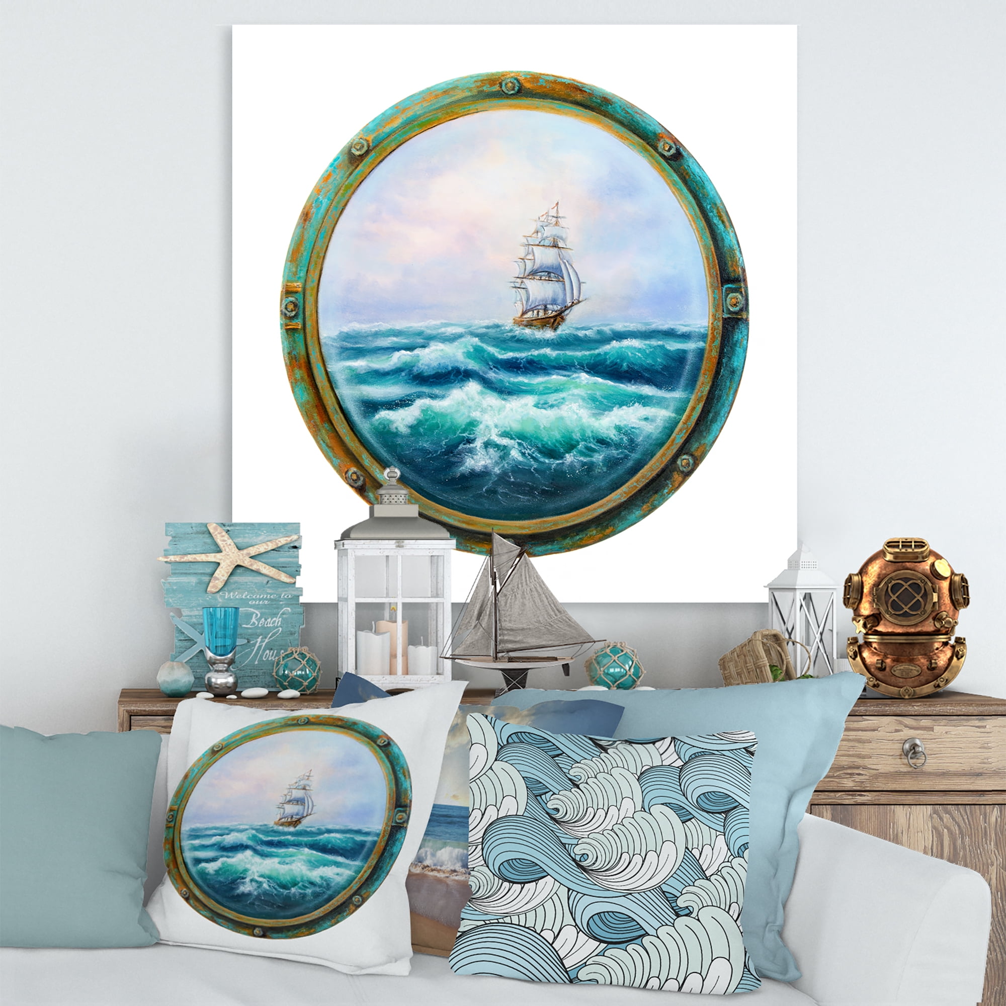 Designart ' Ship In Stormy Ocean Through Cabin Window ' Nautical & Coastal Canvas Wall Art Print