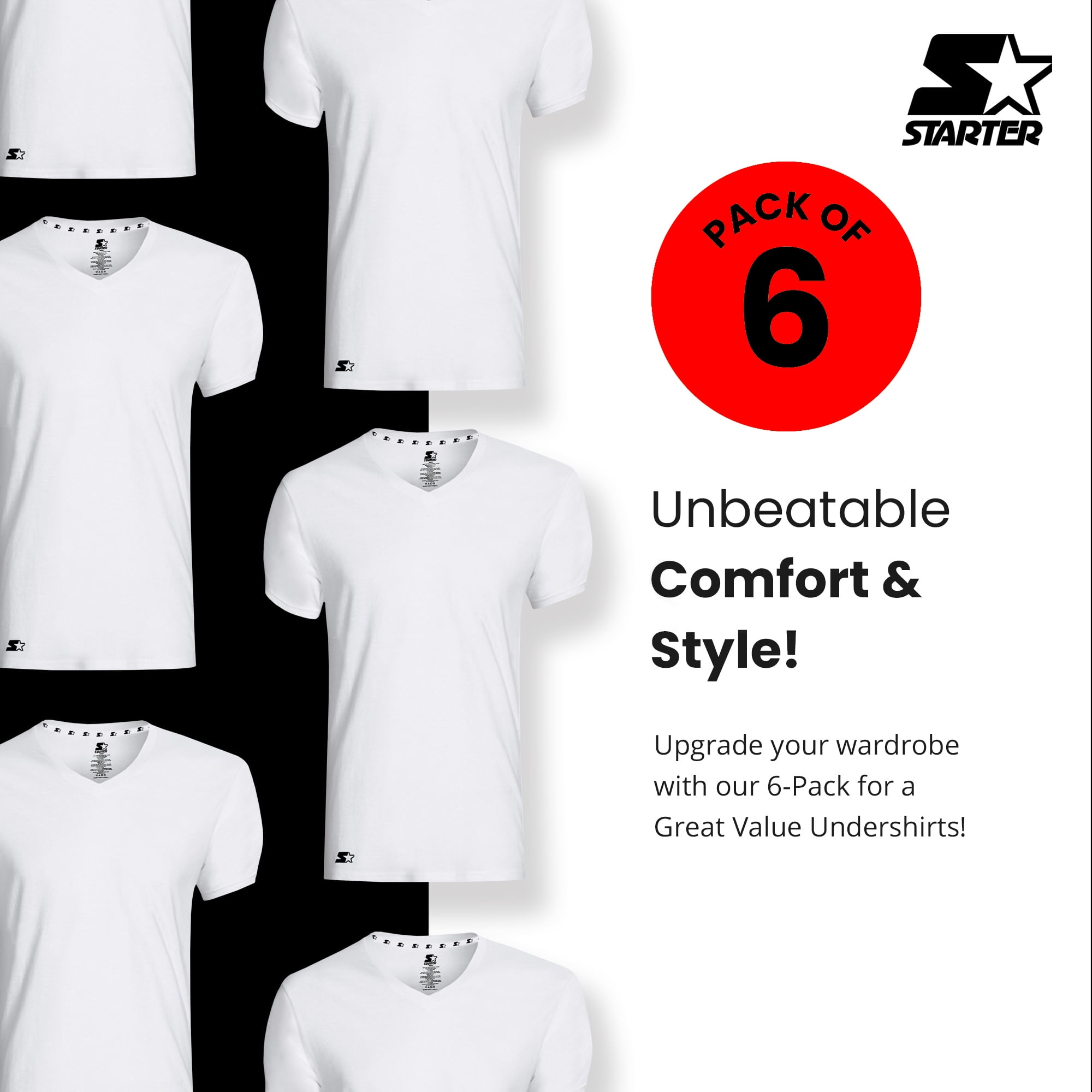 Starter Men's V-Neck Tees with Short Sleeves, 6-Pack