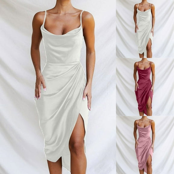 USSUMA Casual Dresses for Women Womens Dresses Sleeveless V Neck Casual Solid Color Camisole Maxi Dress Vintage Skirt Comfortable Dress Date Up to 45% off Pink Dress Size-L