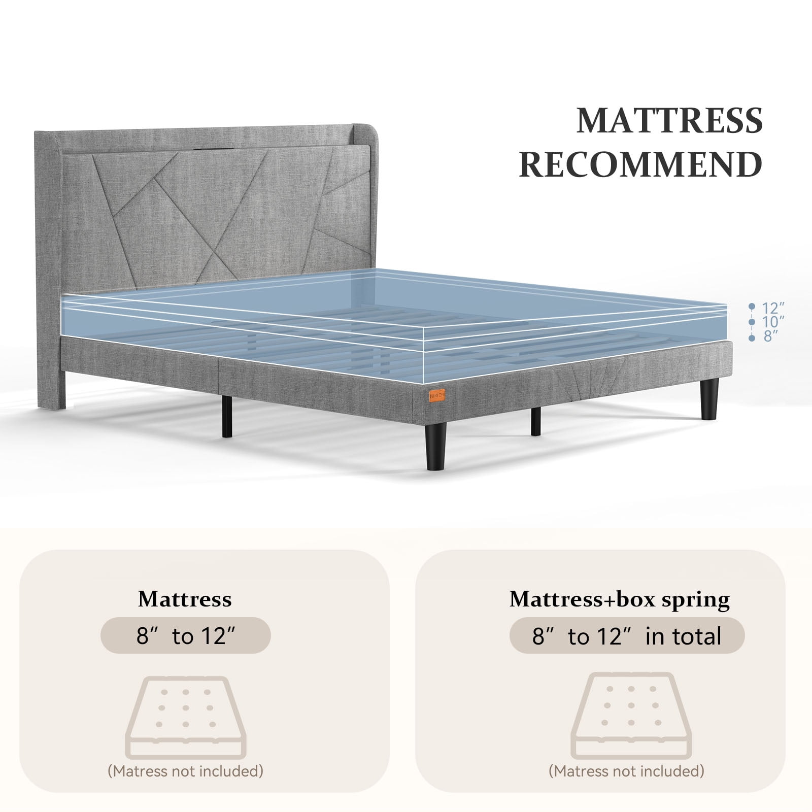 NISIEN Full Size Bed Frame with Charging Station, Upholstered Platform Bed with Wingback Storage Headboard, Light Gray