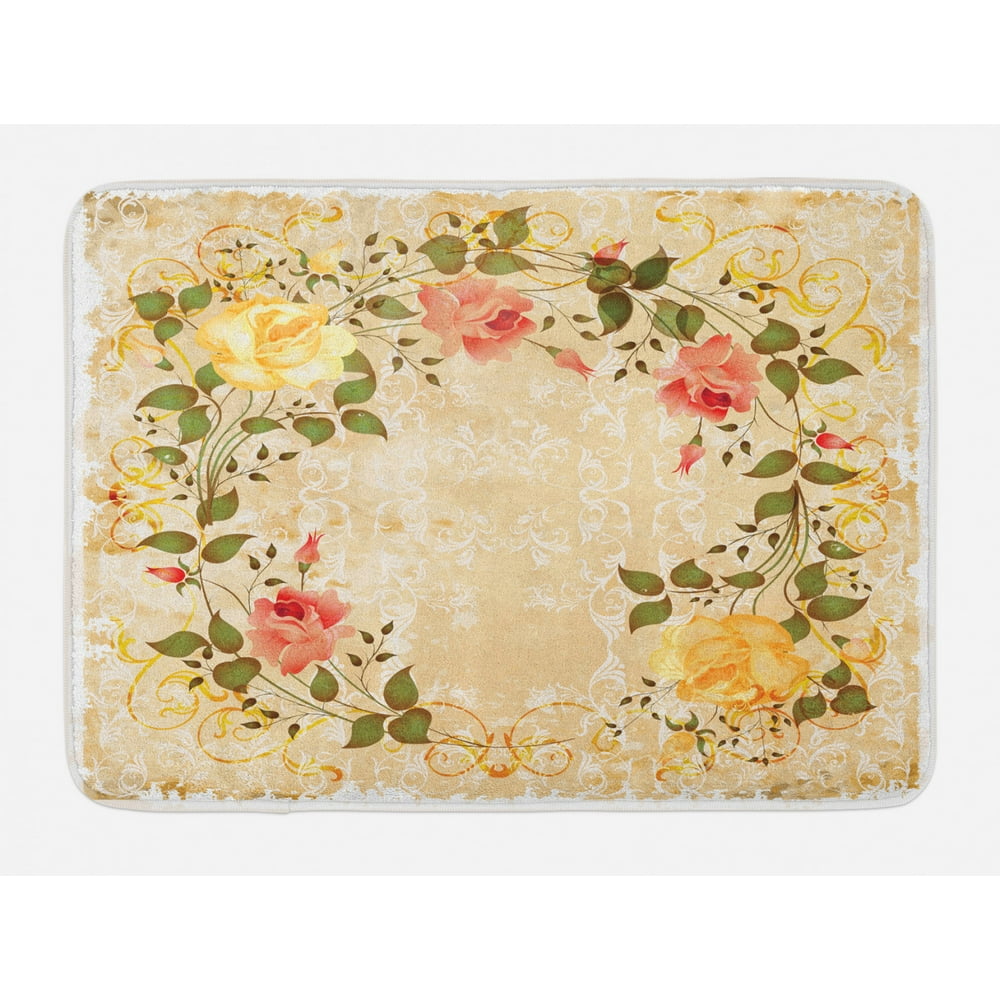Vintage Bath Mat, Oval Shape Floral Crown with Leaves and Roses over