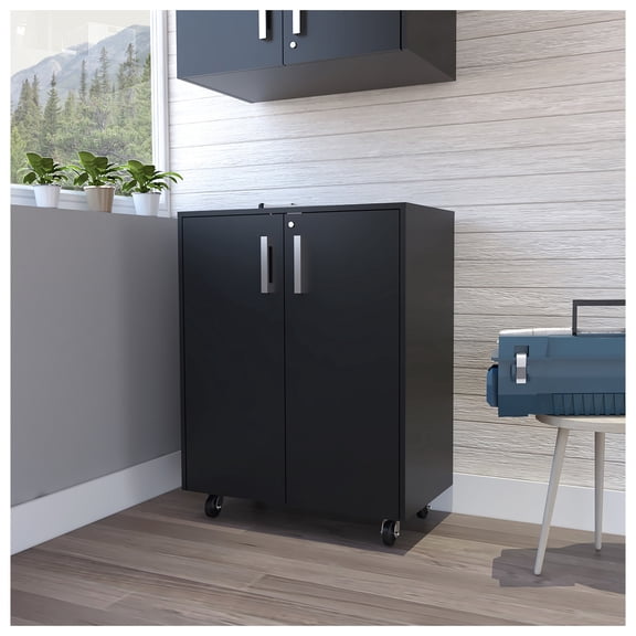 Storage Cabinet with Doors, Black - Double Door Cabinet with Shelves, Rolling Lockable Cabinet for Home Office, Living Room, Kitchen, Garage