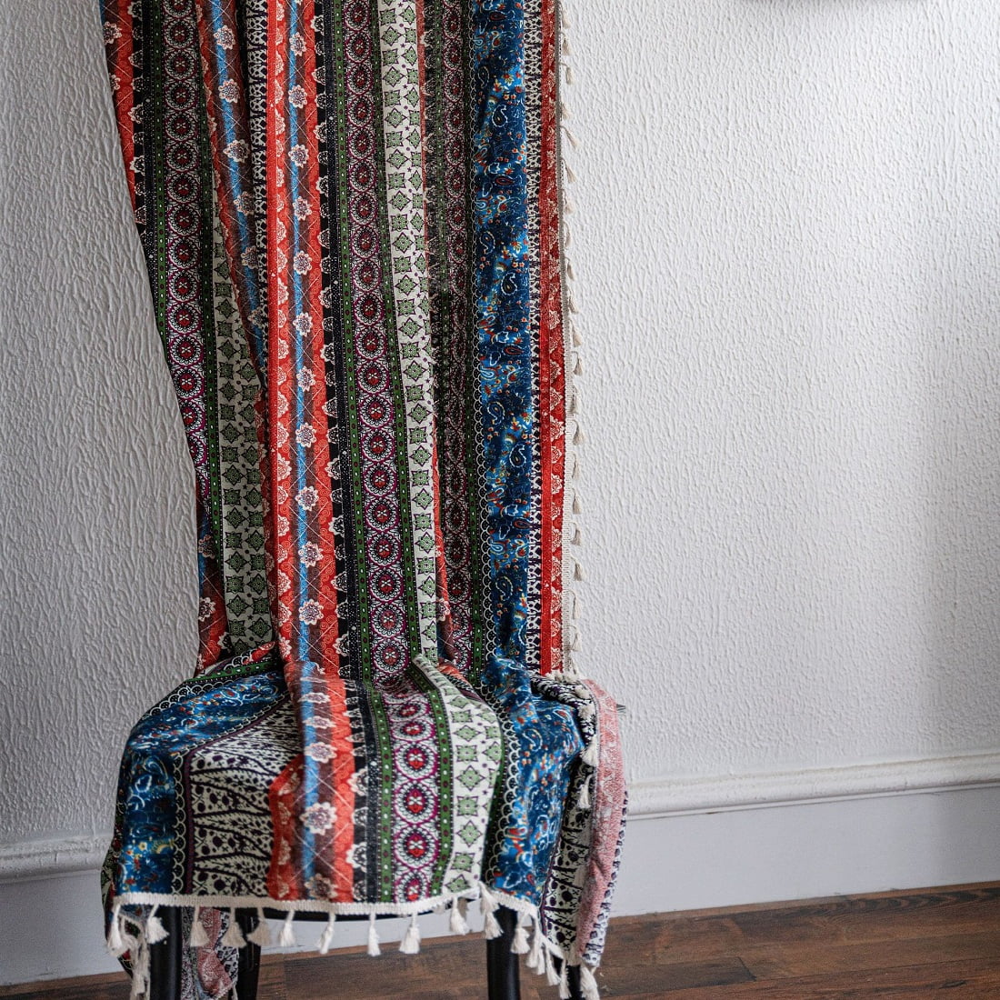 Boho Curtains With Beige Tassels Cotton Linen Semi-darkening Curtains (Set of 2) 59" W x 87" L
