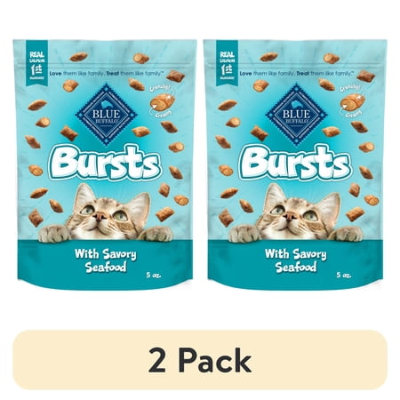 (2 pack) Blue Buffalo Bursts Crunchy & Creamy Cat Dry Treats, Great for Training, Seafood, 5-oz. Bag