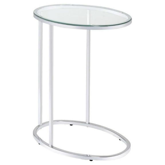 End Table Coffee Accent Table, Oval, C Shape Slides Under Couch, Contemporary, Indoor in Glass Top and Metal,
