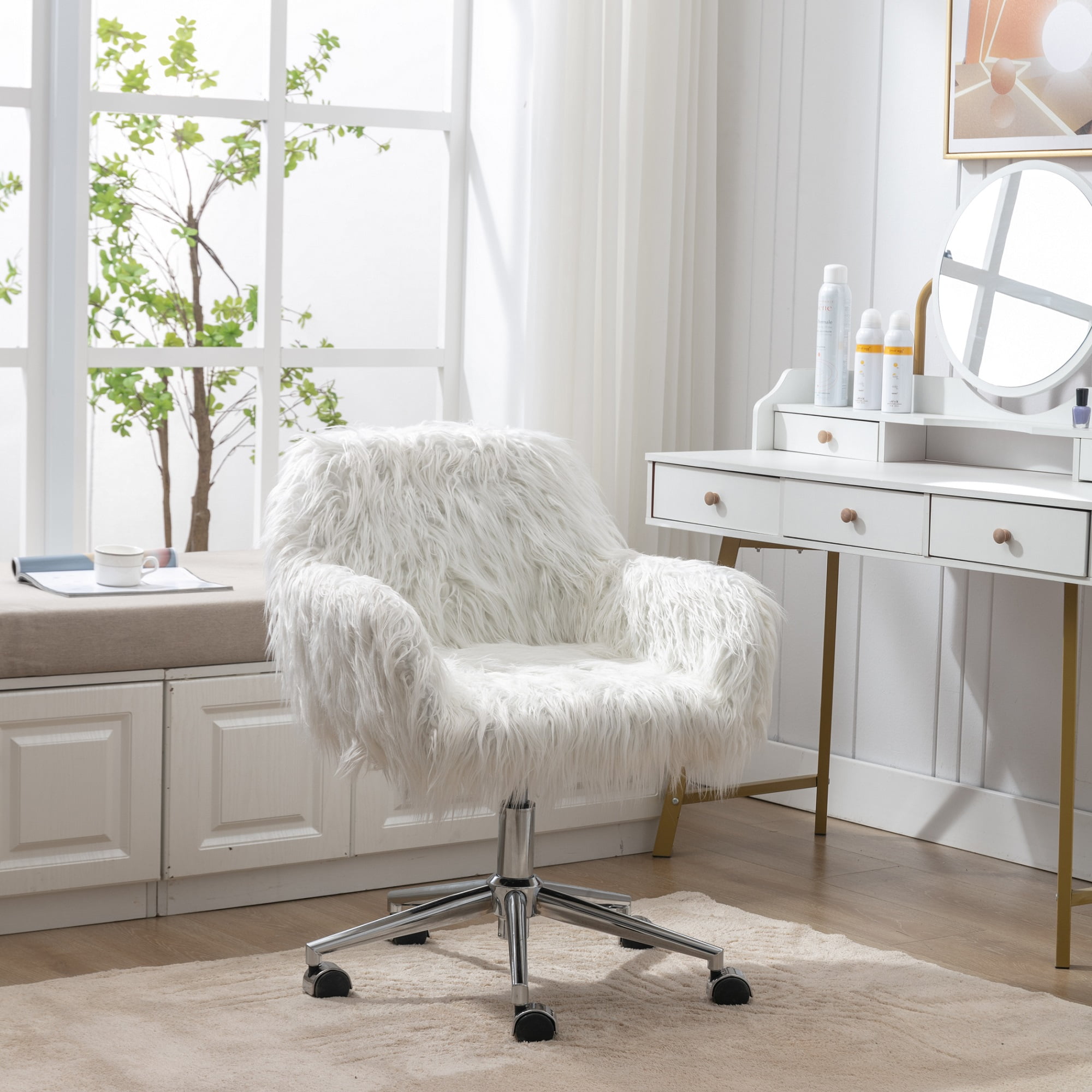KCC Fluffy Office Desk Chair, Faux Fur Modern Swivel Armchair with Wheels, Soft Comfy Fuzzy Elegant Accent Makeup Vanity Chairs for Women Girls, Home Living Dressing Room Bedroom, White