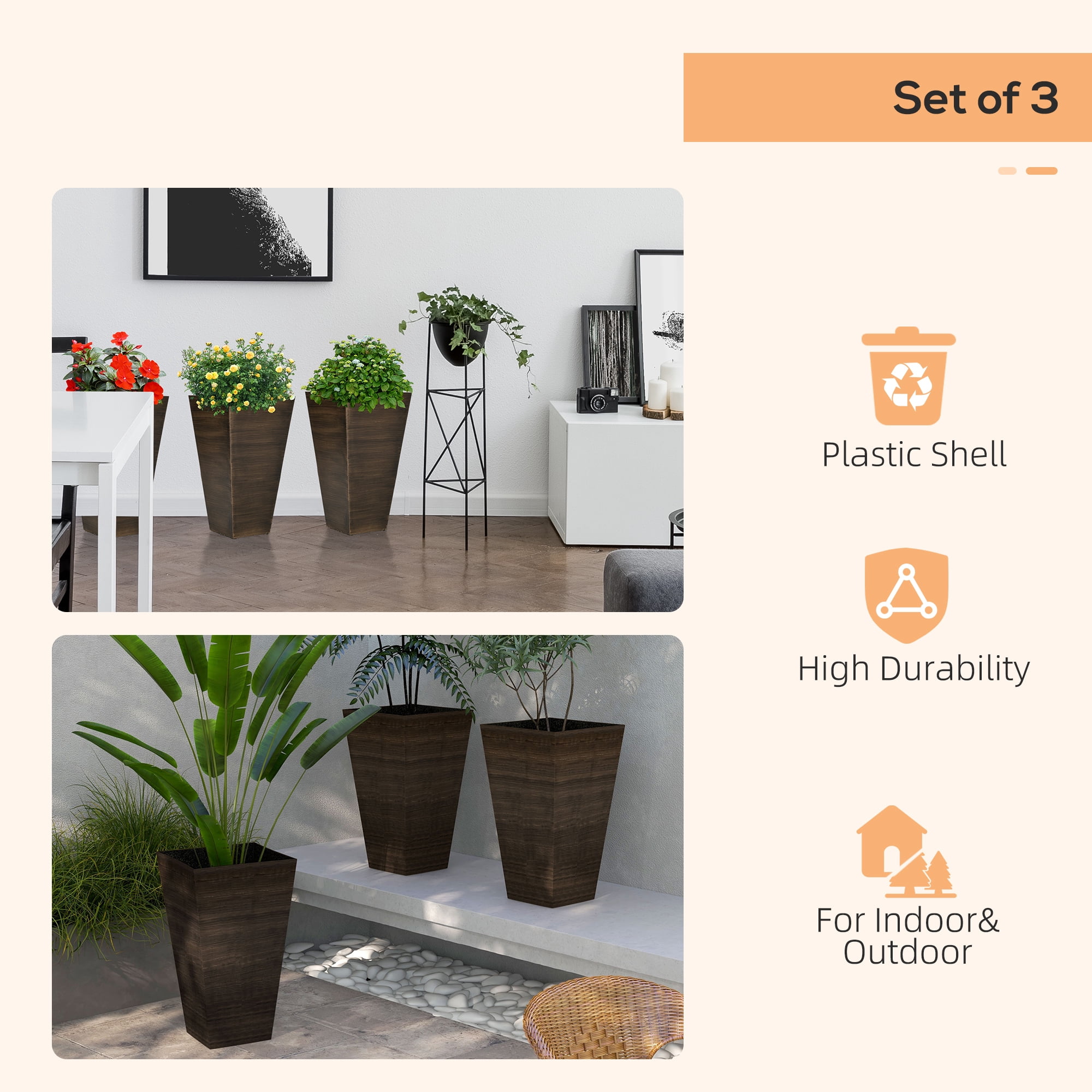 Outsunny Set of 3 Tall Outdoor Planters w/ Drainage Holes, Brown