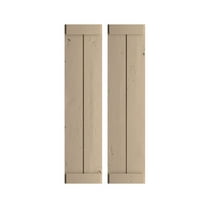 Ekena Millwork 11"W x 68"H Rustic Two Board Joined Board-n-Batten Knotty Pine Faux Wood Shutters w/End Batten (Per Pair), Primed Tan