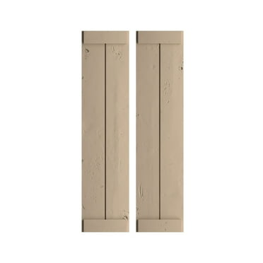 Ekena Millwork 11"W x 68"H Rustic Two Board Joined Board-n-Batten Knotty Pine Faux Wood Shutters w/End Batten (Per Pair), Primed Tan