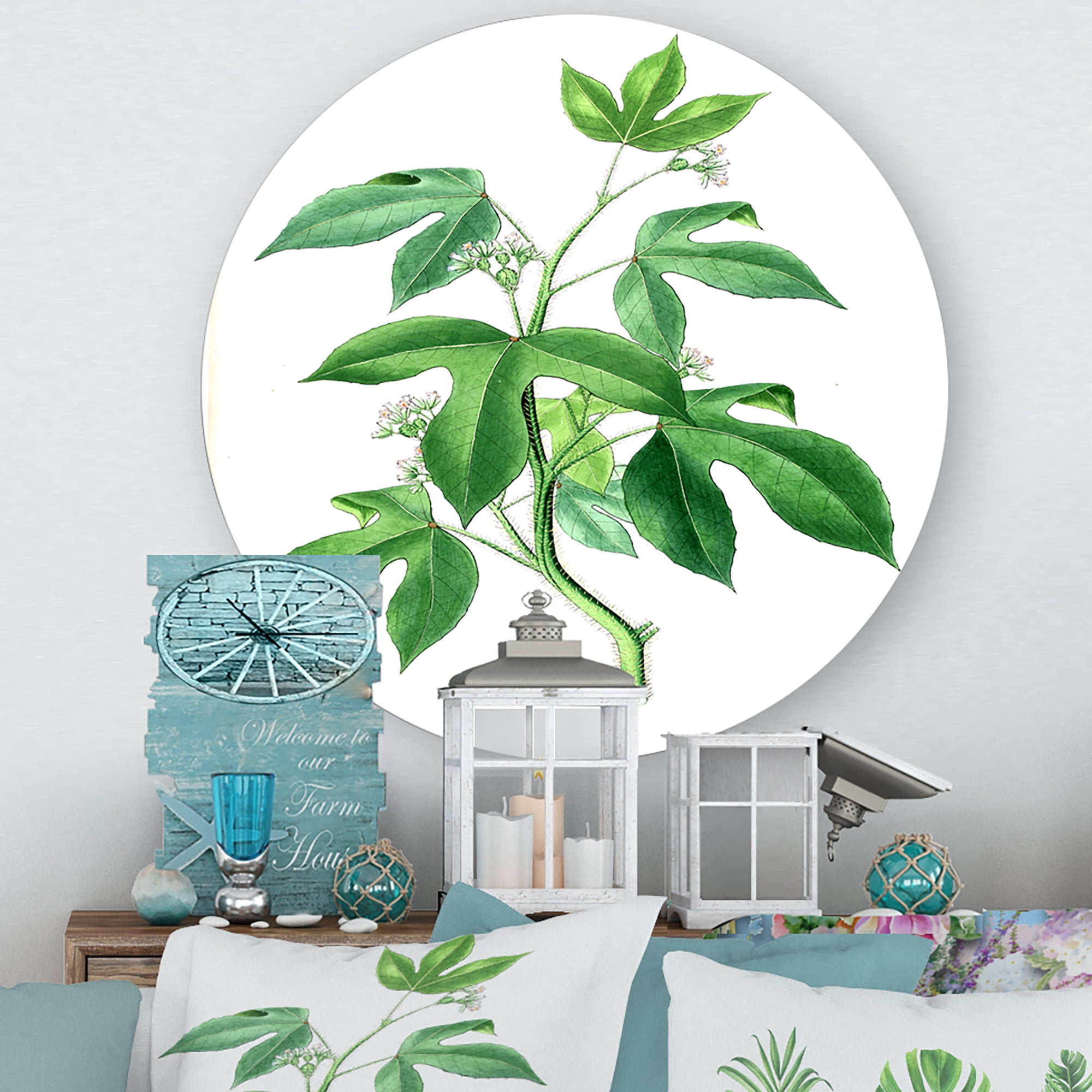 Designart 'Ancient Green Leaves Plants V' Traditional Circle Metal Wall Art 23x23 - Disc of 23