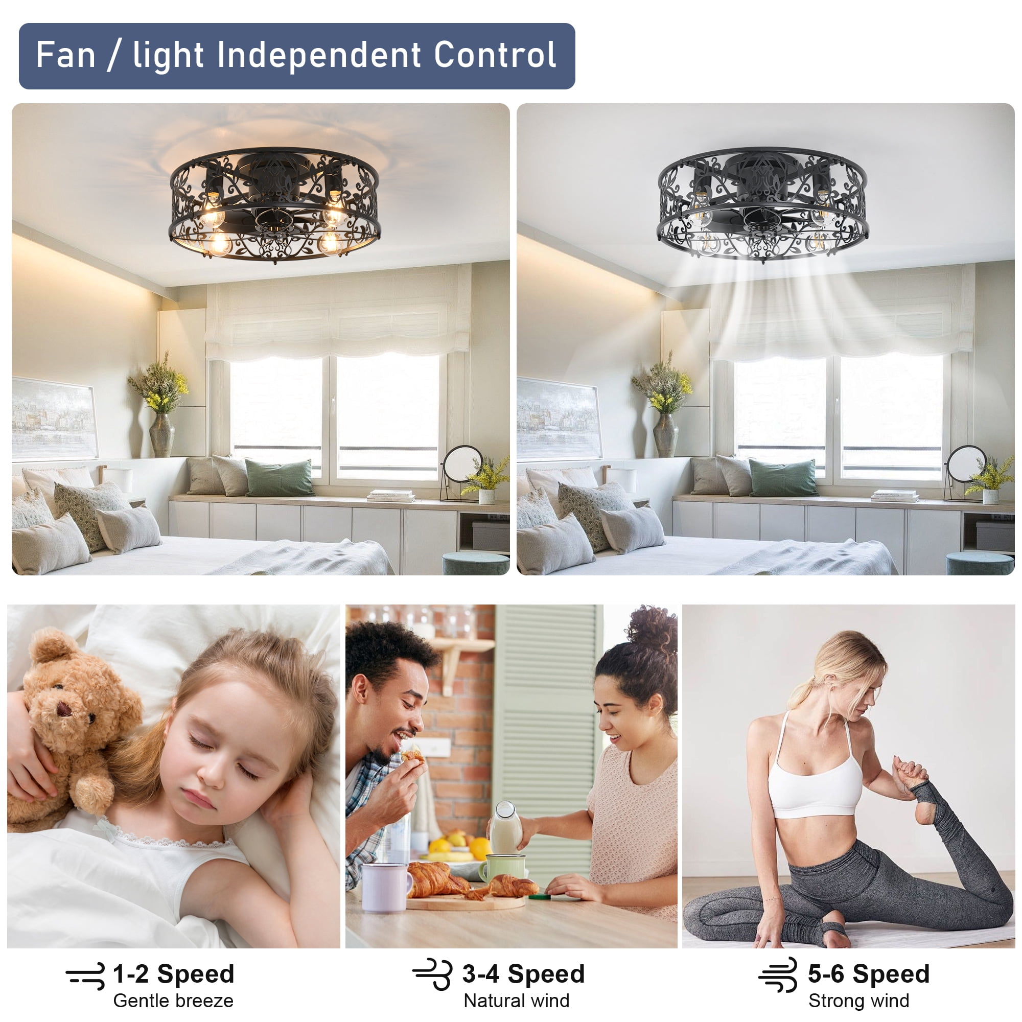 Garwarm 20in. Black Caged Farmhouse Ceiling Fan with Lights and Remote, 6-Speed Reversible Low Profile Flush Mount Ceiling Fan, Industrial Enclosed Fandelier for Bedroom, Kitchen