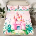 thumbnail image 3 of Feelyou Kawaii Pink Castle Twin Sheet Sets for Girl, Dreamy Fairy Tale Twin Fitted Sheet, Spring Flower Floral Flat Sheet, Microfiber Bedroom Decor, 3-Piece, 3 of 8