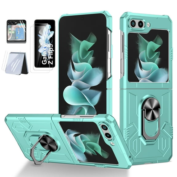 Allytech Galaxy Z Flip5 Case with 2 Set (6 Pcs) Screen Protector, Military Grade Protective Ring Holder Stand Shockproof Compatible with Car Mount Mangetic Case Cover for Samsung Galaxy Z Flip 5