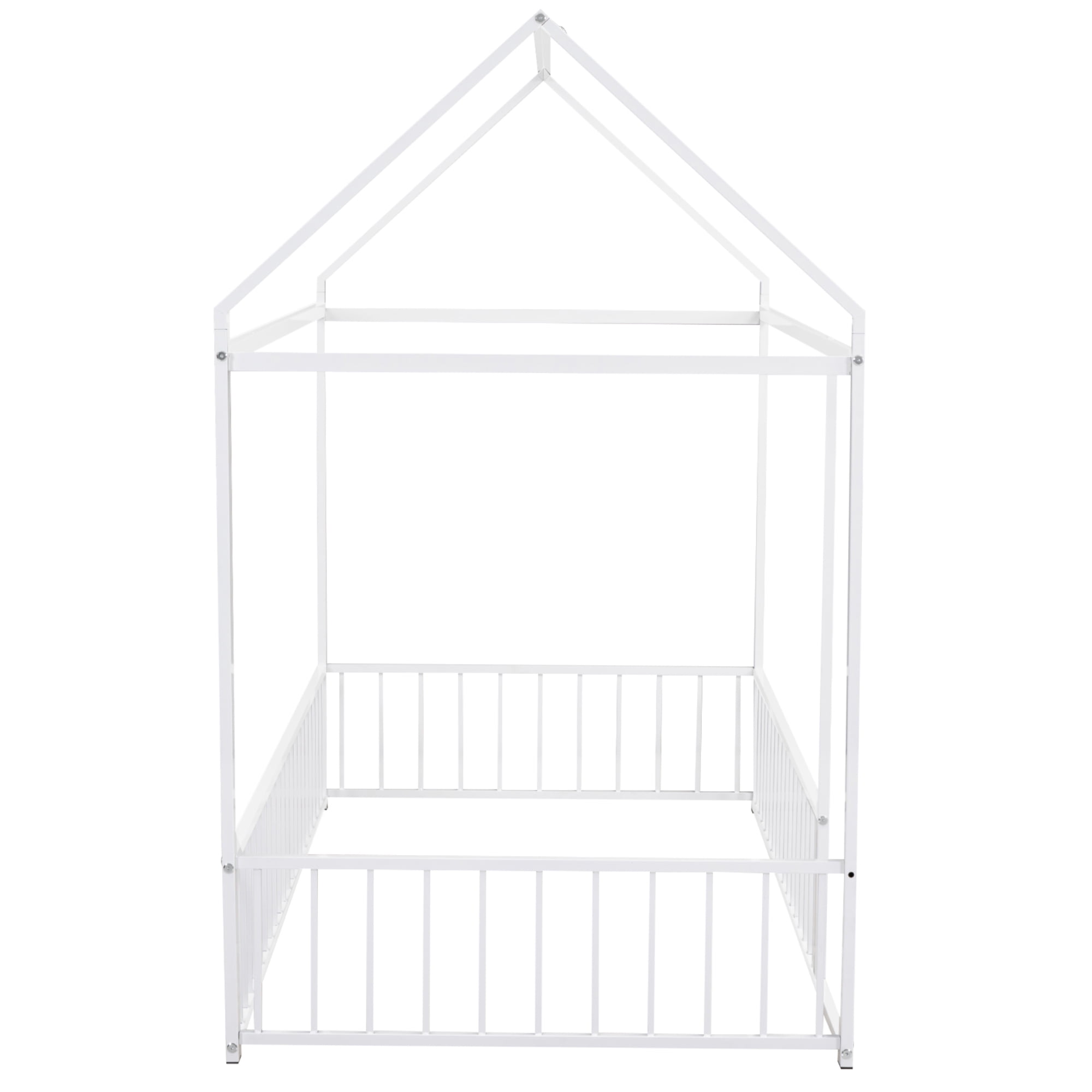 Harper & Bright Designs Metal Twin Size Floor Bed, House Bed Frame Montessori Beds with Fence Rails, Playhouse Beds for Girls Boys, White