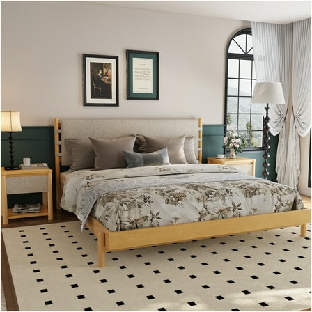 JERFIT Modern King Bedroom Set with 2 Nightstands, Beige Wood Platform Bed Frame and Headboard, 3-Piece Storage Bedroom Suite