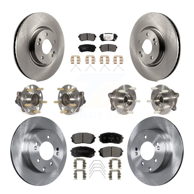 Transit Auto Front Rear Hub Bearings Assembly Disc Brake Rotors and Ceramic Pads Kit (10Pc) for Car Kia Optima with Manual Parking - Left Right Side (Driver Passenger) KBB-110466