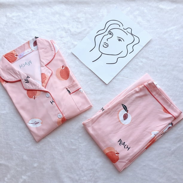 Woman Pajamas Spring Autumn Girls Lapel Lovely Peach Pattern Homewear Suit Long Sleeves Tops Trousers Nighty Set Walmart