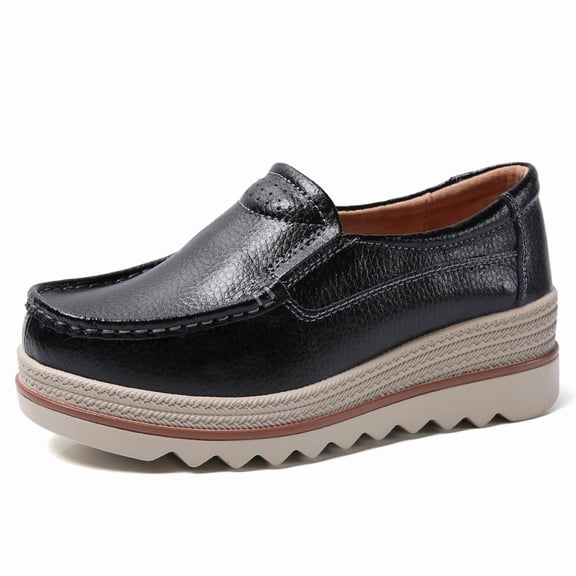 Women's Casual Loafers Slip On Leather Wedges Shoes Casual Platform Walking Shoes Female Classic Flats Boat Shoes