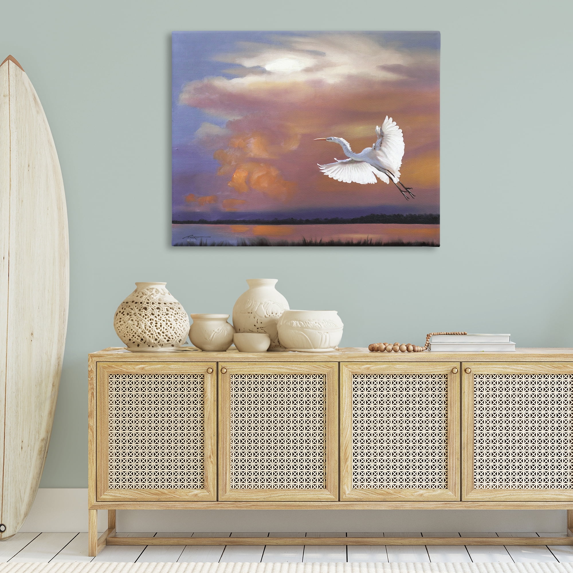 Stupell Industries Heron Flying with Sunset Landscape Painting Gallery Wrapped Canvas Art Print Wall Art, 48 x 36