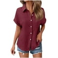 thumbnail image 3 of Womens Cotton Linen Dressy Blouses, Short Sleeve Shirts for Women Summer Lightweight Casual Solid Color Button Down Lapel T-Shirts with Pockets, 3 of 5