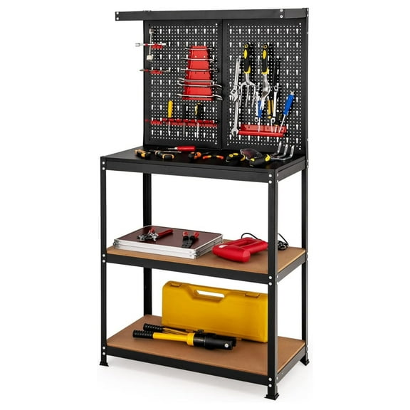 Work , 32" x 16" Metal Workbench with Pegboard, 2 Lower Shelves & 14 Hanging Accessories, Heavy-Duty Steel Tool for Garage, Workshop & Warehouse