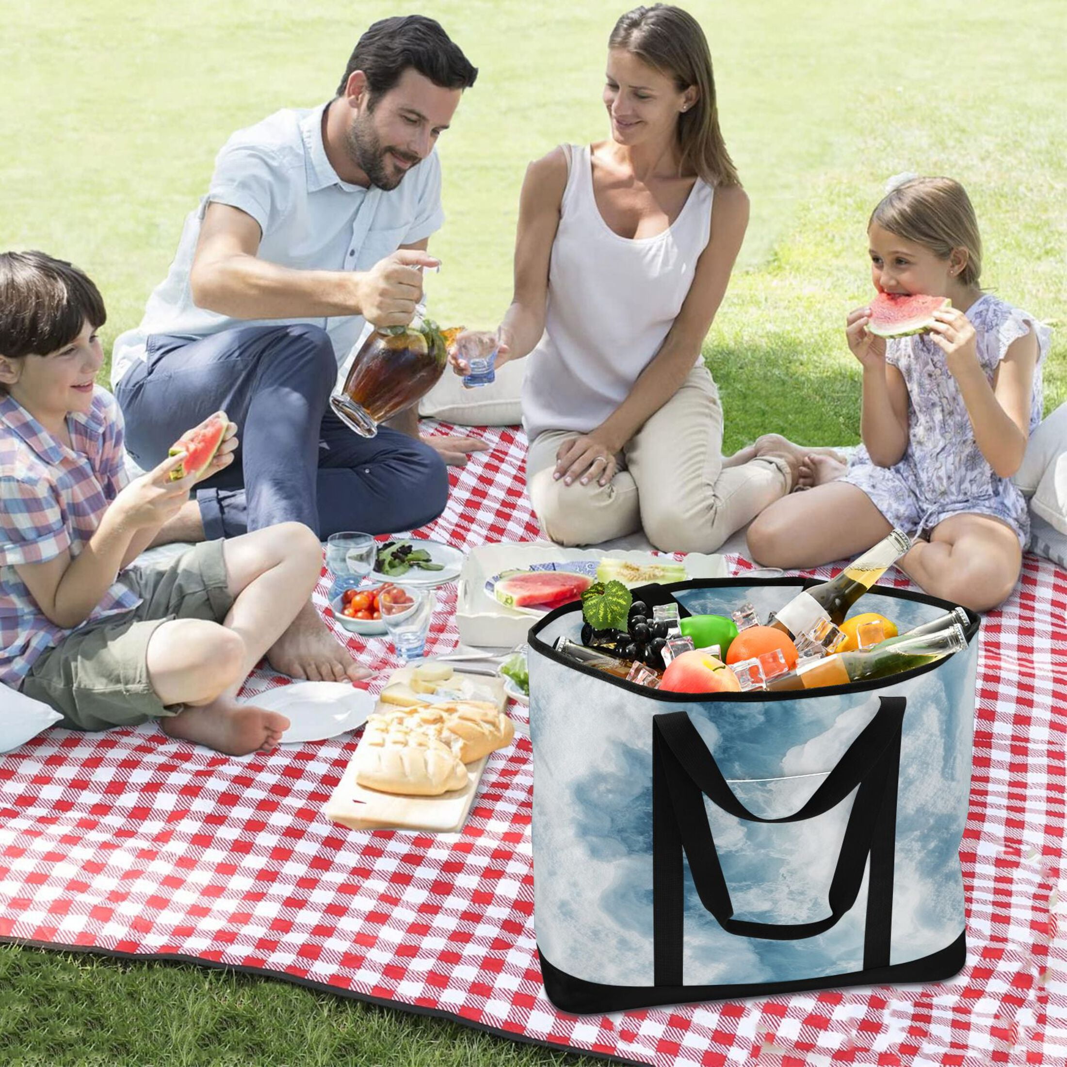 Large Hand-held Ice Pack Picnic Bag Insulation and Refrigeration Suitable for Shopping Picnics and Camping White Ocean Pattern