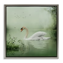 Stupell Industries Swan's Sanctuary Misty Lake Landscape & Nature Painting Gray Floater Framed Canvas Art Print Wall Art, 18 x 18