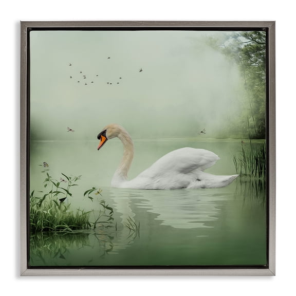 Stupell Industries Swan's Sanctuary Misty Lake Landscape & Nature Painting Gray Floater Framed Canvas Art Print Wall Art, 18 x 18