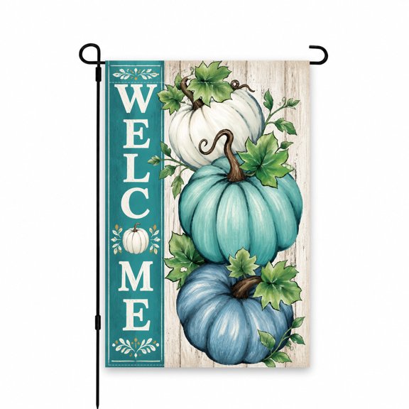 Welcome Pumpkins Garden Flag 12x18 Inch - Autumn Yard Decor with Blue and White Pumpkin Design for Patio, Lawn, Porch, or Walkway Outdoor Display
