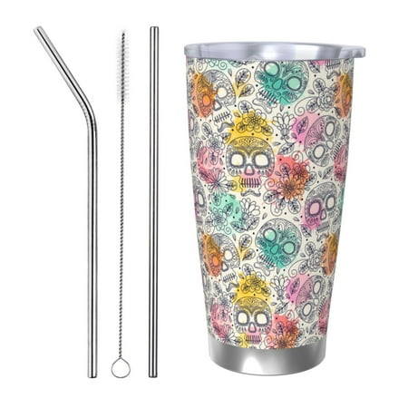 

Susaid Skull and Flowers Print 20oz Car Cup Insulated Coffee Cup Fully Spill Proof Travel Coffee Mug Stainless Steel Tumbler for Work Home Outdoor Car-Straw Three-piece Set