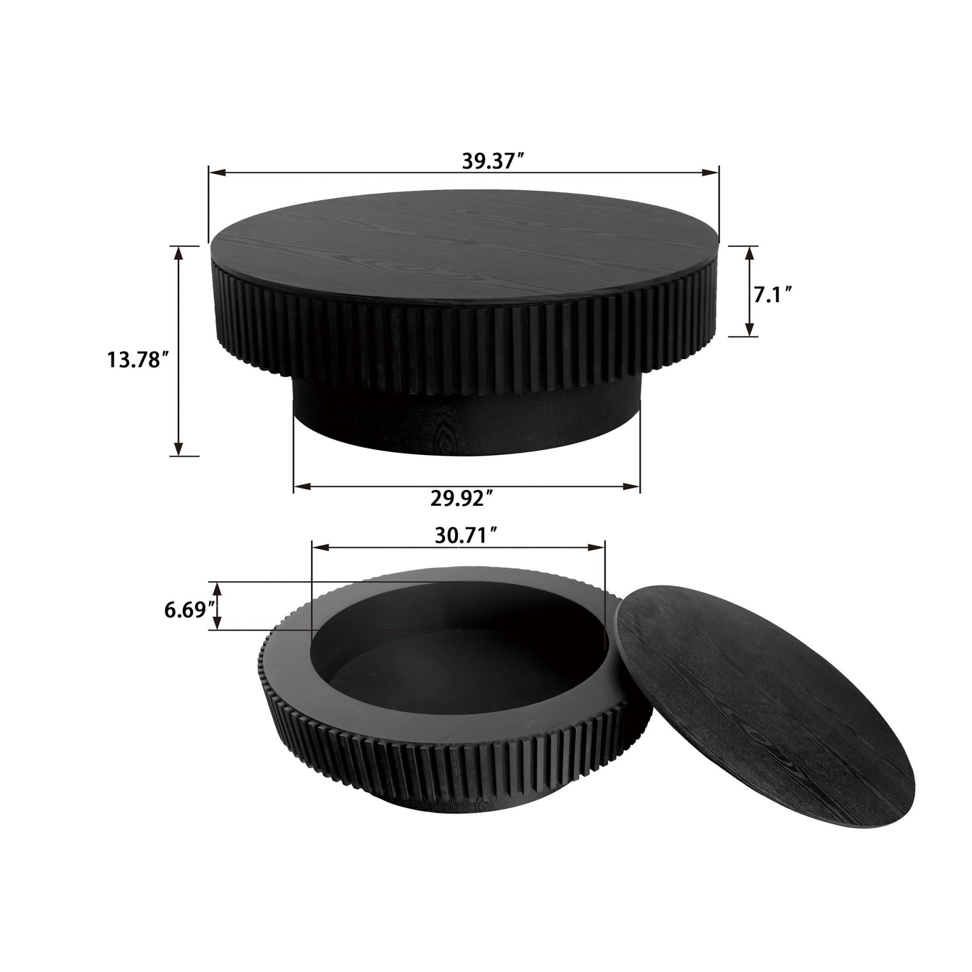 39.37" Round Coffee Table with Storage, Fluted Modern Coffee Table with Hidden Storage, Wood Veneer Center Table for Living Room, Black