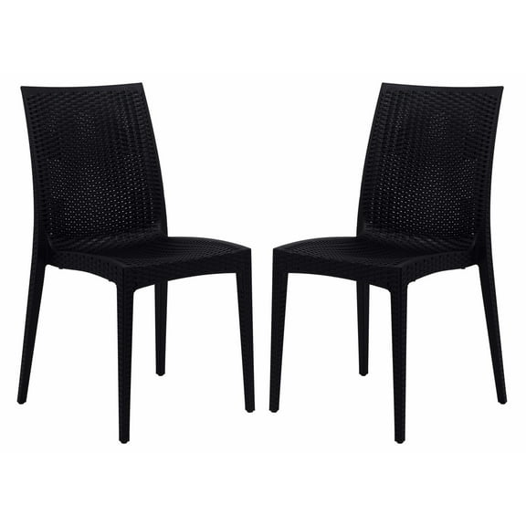 LeisureMod Weave Mace Set of 2 Indoor Outdoor Dining Chairs in Black - Modern Woven Design for Patio, Garden, and Dining Room