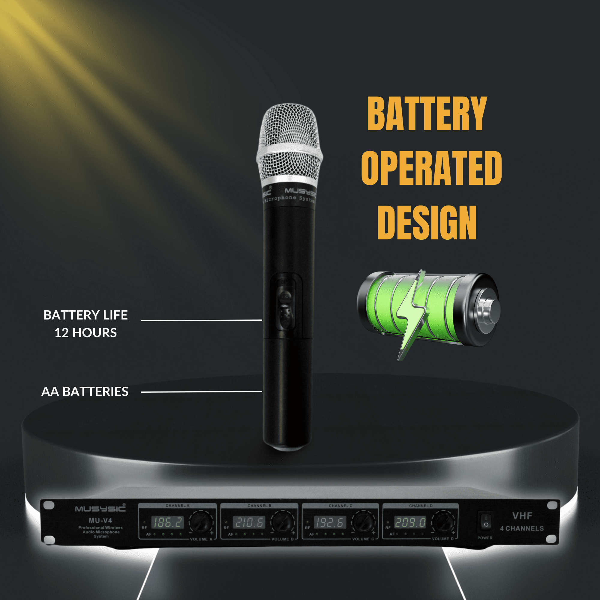 MUSYSIC MU‑V4‑HH Professional 4‑Channel VHF Wireless Microphone System – 4 Handheld Mics, Long‑Range, Individual Volume Control, Rackmount Receiver