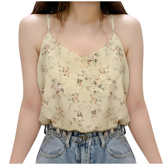 Kcodviy Débardeurs Femmes Camisole Décontractée Boutonnée Blouse en Chiffon Ample Col en V Sans Manches Imprimée Blouses de Mariage Hauts Blouse pour Femmes