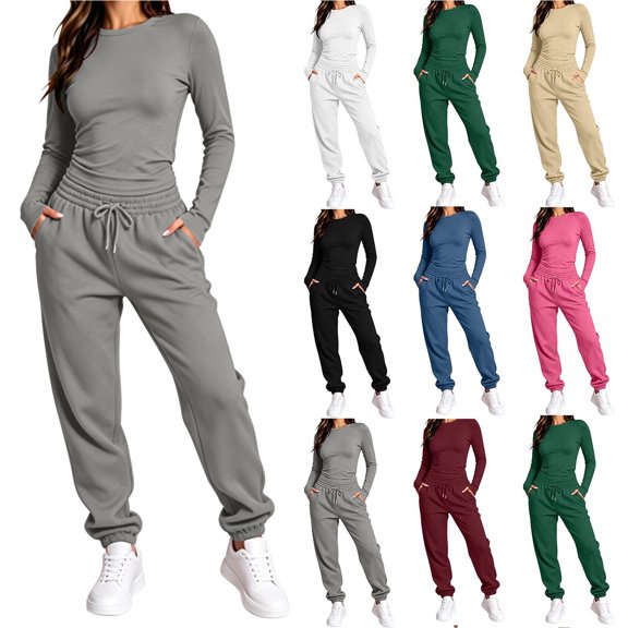 Chiccall 2 Piece Fall Outfits for Women Stretchy Long Sleeve Crew Neck Crop Top High Waist Drawstring Jogger Pants Matching Lounge Set Tracksuits Set