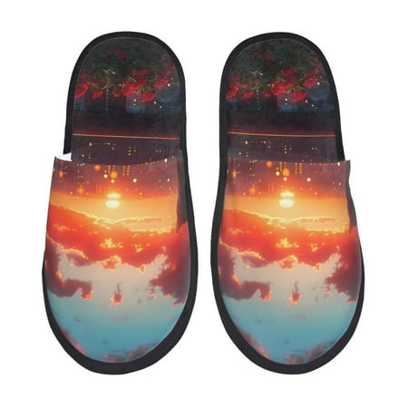 

Fuzoiu Cat Watching City Sunset Print Unisex Furry Slippers Plush Indoor Shoes Trendy House Slippers Anti-Skid EVA Sole House Shoes for Home Office and Travel -Large