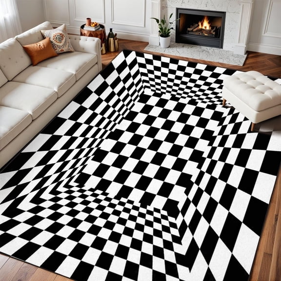 Area Rugs For Bedroom Boho Washable Rug For Living Room Abstract Black White Checkered House Seamless Carpet For Dining Room Soft Rubber Backed Non-Slip Carpets For Bedroom Office 3x4ft