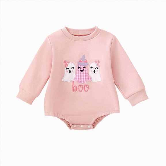 Duqingm Newborn Infant Baby Girl Halloween Outfits Embroidered Pumpkin Ghost Onesie Long Sleeve Smocked Bubble Romper (Pink,3-6 Months)