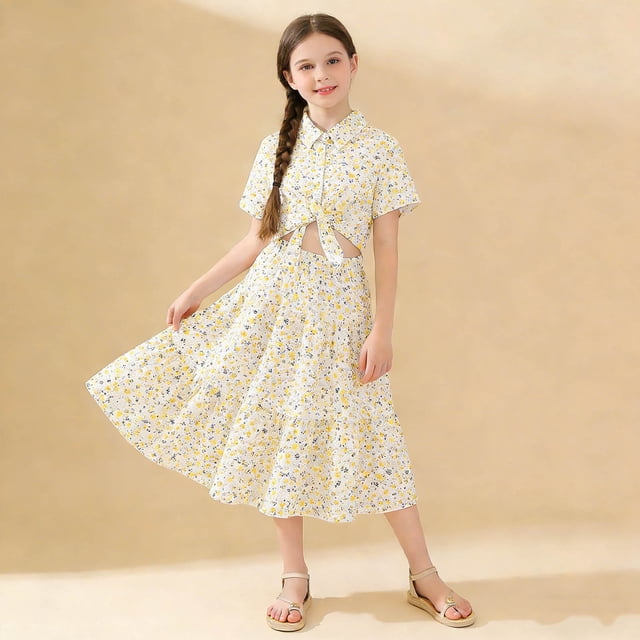 Conjunto de falda y top corto con estampado floral y solapa de manga corta para niña + falda con cintura elástica Conjunto de falda dulce diaria Conjunto de poliéster para niña