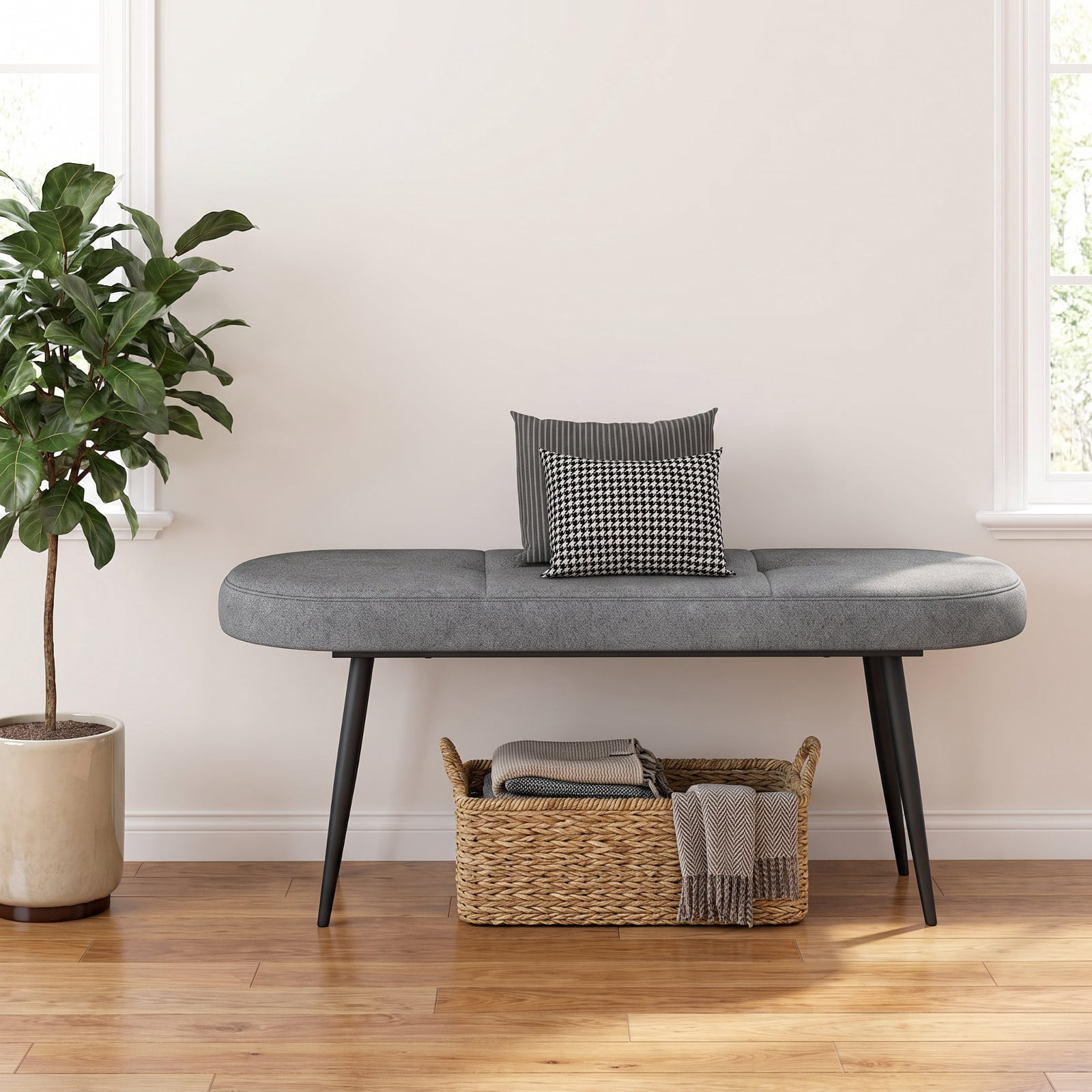 Furnibear 47 Inch Upholstered Entryway Bench with Button Tufted Cushioned Seat and Heavy Duty Metal Frame for Bedroom Foyer Dining Room, Gray