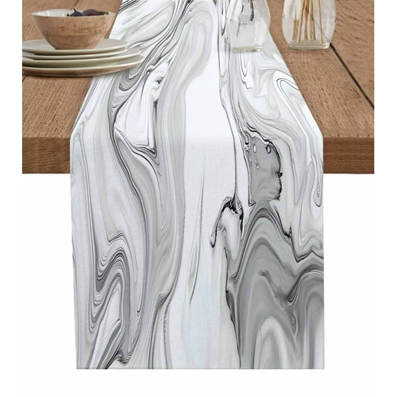 Table Runner Dresser Scarf 13 x 70 Inch Gray Marble Abstract Stone Texture Swirls Ink Table Runners Non-Slip Heat Kitchen Dining Table Decor for Indoor Outdoor Home Party Decoration