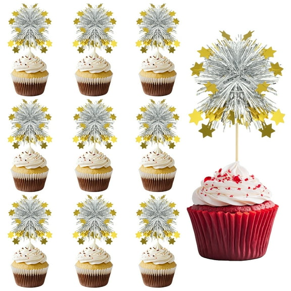 Uxcell Cupcake Toppers, 50 Pcs Sparkle Tinsel Star Cupcake Picks Birthday Party Graduation Wedding Foil Decor Cocktail Food