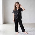 thumbnail image 3 of NIPAXO Girls Pajamas Set Short Sleeve Button-Down Solid Black Piping Long Pants Sleepwear Satin for Kids, 3 of 8